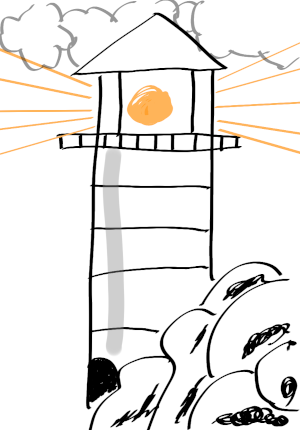 A hand drawn sketch of a lighthouse on the rocks, under storm-clouds. It's crude, but authentic, and absolutely not AI generated.